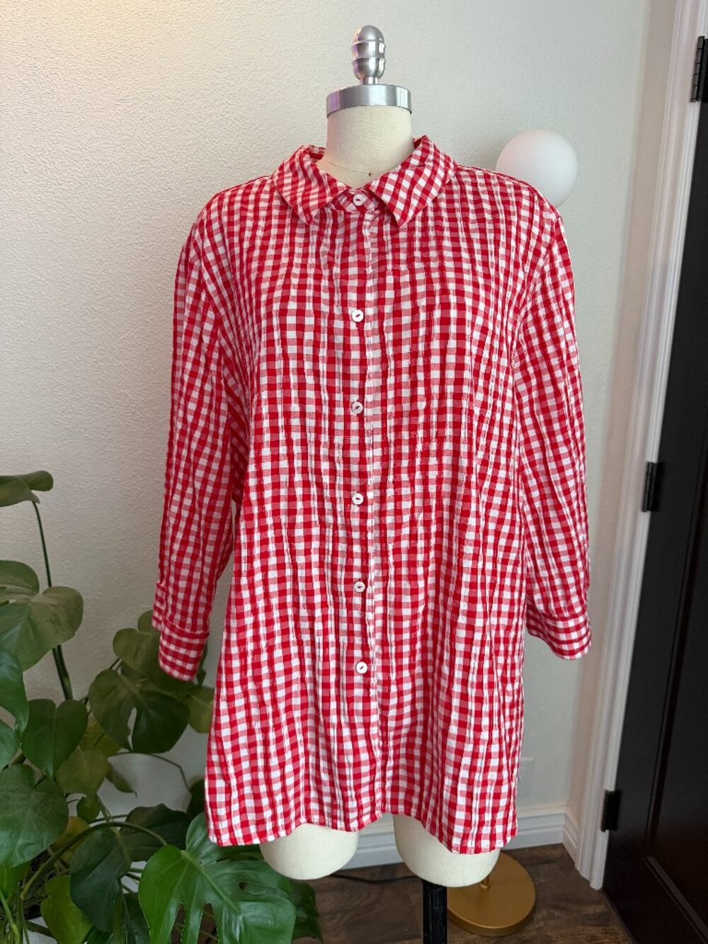 Foxcroft Gingham Plaid Stretch Button Down Cottage Prairie Tomato Girl Size 24W